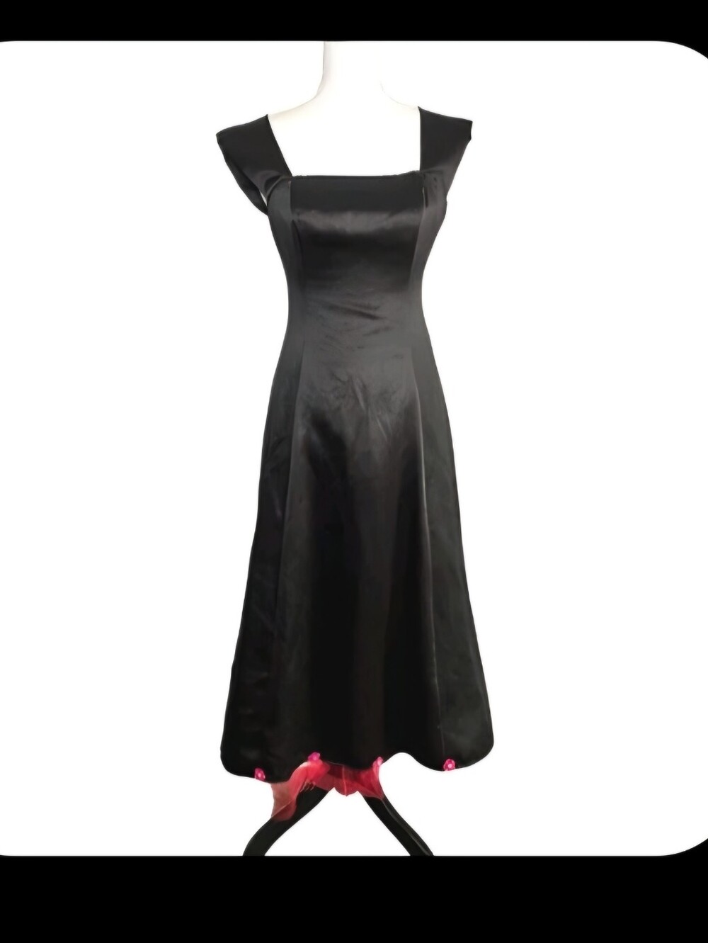 Windsor Black Satin Evening Dress with Pink Tulle Hem And Flowers